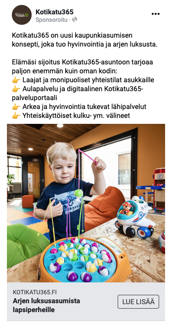 Sosiaalisen median mainos, jossa lapsi leikkii