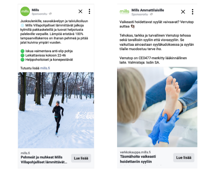 Kuva Millsin sosiaalisen median kahdesta mainoksesta, jossa toisessa on juoksija ja toisessa hoitaja hoitaa jalkaa.