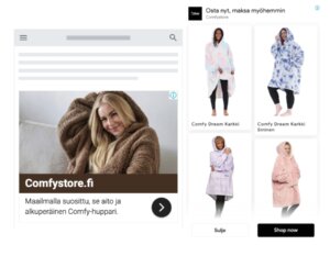 Rinnakkain kaksi Comfystoren vilttihuppareita mainostavaa mainoskuvaa