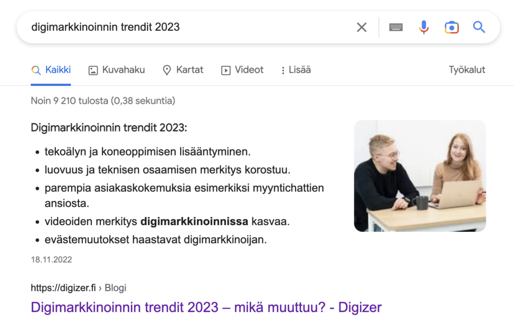 Kuvakaappaus Googlen snippet features -hakutuloksesta