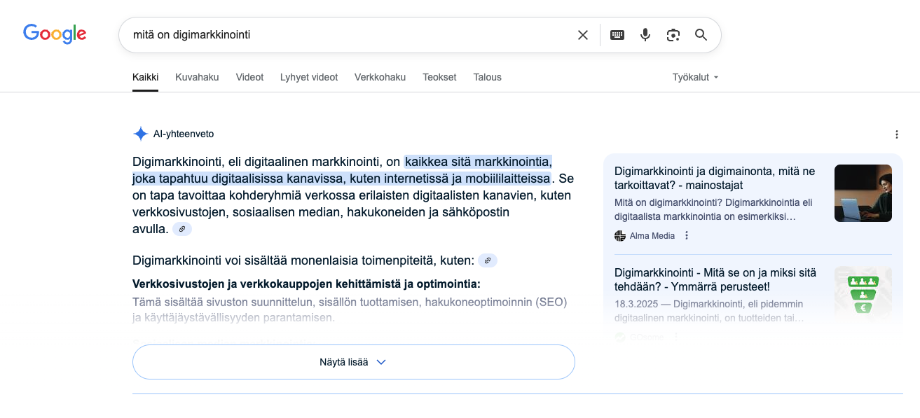 Kuvakaappaus Google AI-yhteenvedosta haulla "mitä on digimarkkinointi"