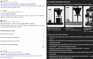 Hakutulokset haulla "paras kahvinkeitin" ja ChatGPT:n vastaus lauseeseen "paras kahvinkeitin".