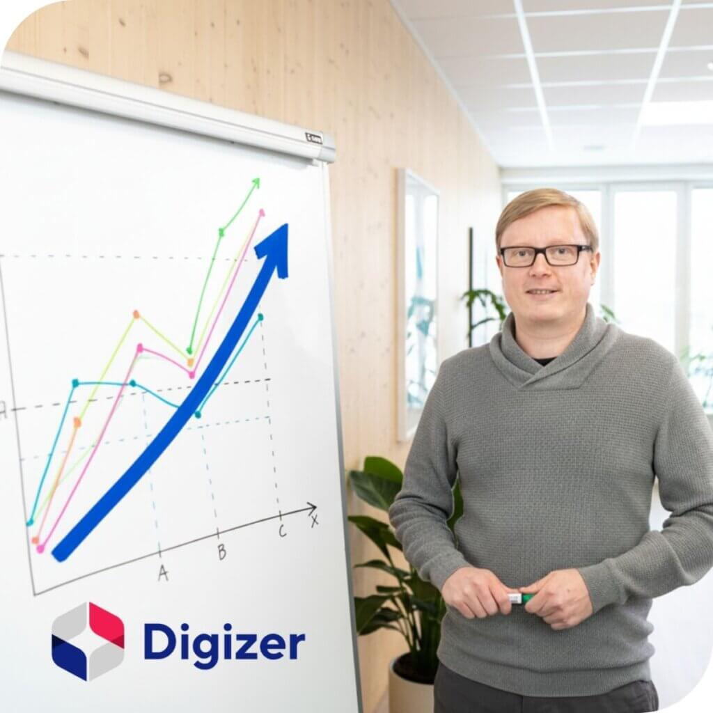 Digizerin asiantuntija esittelee fläppitaululla nousevaa käyrää, joka kuvaa myynnin kasvua.