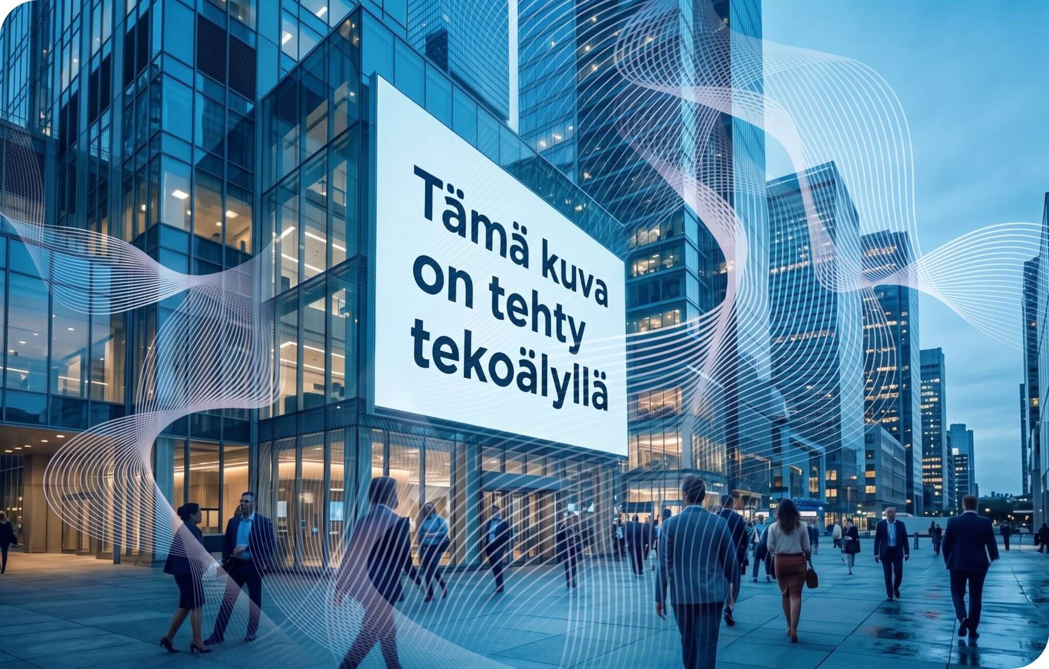 Urbaani ympäristö, jossa toimistorakennuksen seinässä on suuri banneri: "Tämä kuva on tehty tekoälyllä".